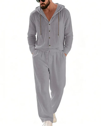 Men's 2-Piece Casual Outfit with Hooded Button-Down Shirt and Long Pants Set
