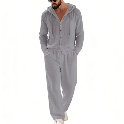 Men's 2-Piece Casual Outfit with Hooded Button-Down Shirt and Long Pants Set