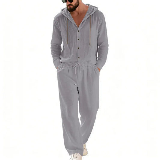 Men's 2-Piece Casual Outfit with Hooded Button-Down Shirt and Long Pants Set