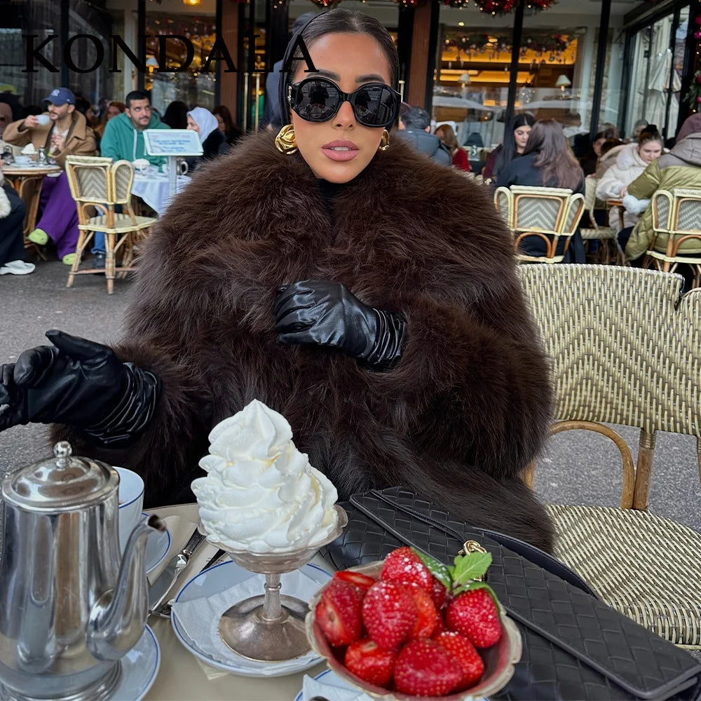 KONDALA Women's Faux Fur Turn-Down Collar Elegant Jacket