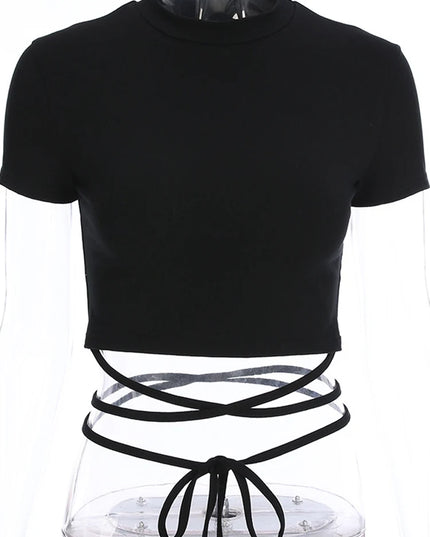 Women's Black Short Sleeve Bandage Crop Top