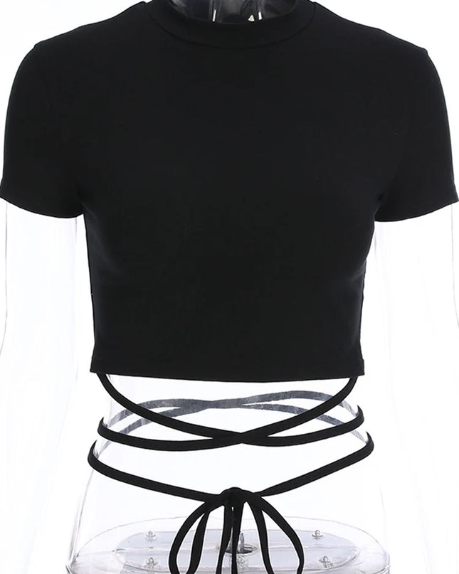 Women's Black Short Sleeve Bandage Crop Top