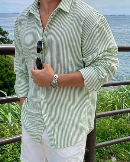Men's Long Sleeve Striped Shirt with Loose Fit  Casual