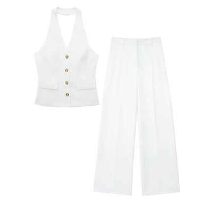 Women's Halter Neck Sleeveless Vest Top & Wide-Leg Pants 2-Piece Set