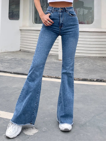 High Waist Women's Flare Jeans with Button Fly - Slim Fit Denim Pants