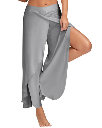 Women's Slit Flared Palazzo Trousers - Wide Leg Chiffon Pants with Side Split