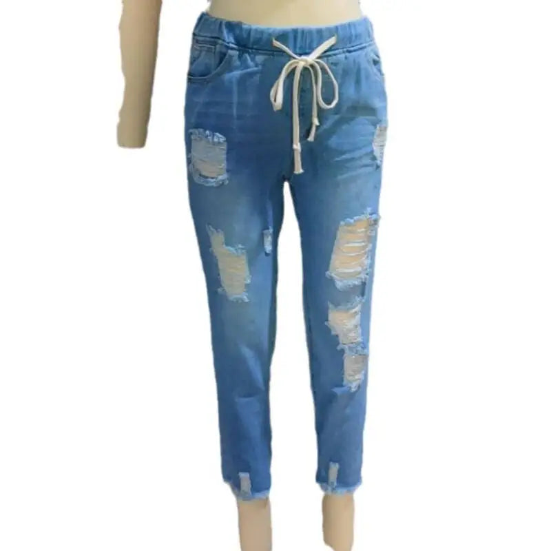 Women’s Drawstring Ripped Denim Jeans - Various Colors