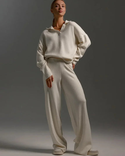 Women's Thick Knitted 2 Piece Set: Soft Polo Neck Sweater & Wide Leg Pants