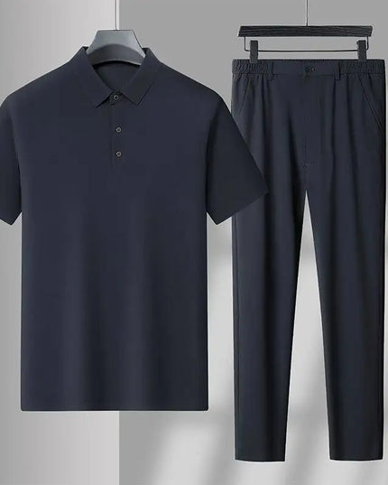 Men's Two-Piece Relaxed Ice Silk Stan Collar T-Shirt and Pants Set