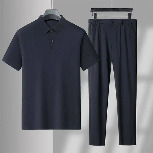 Men's Two-Piece Relaxed Ice Silk Stan Collar T-Shirt and Pants Set