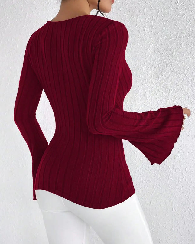 Women's Long-Sleeve V-Neck Slim Fit Striped Sweater