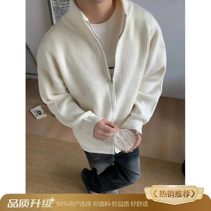 Men's Loose Knit Cardigan Sweater with Zip Closure