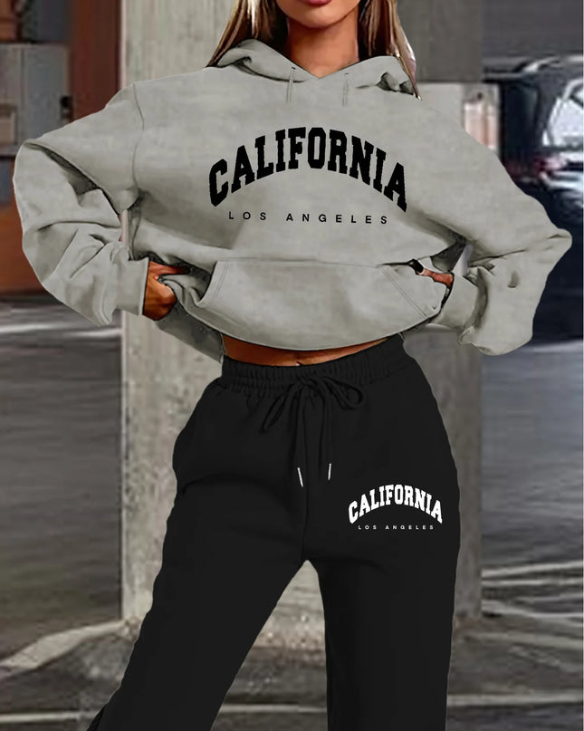 Women's Casual California Los Angeles Letter Print Hoodie and Drawstring Jogger Set