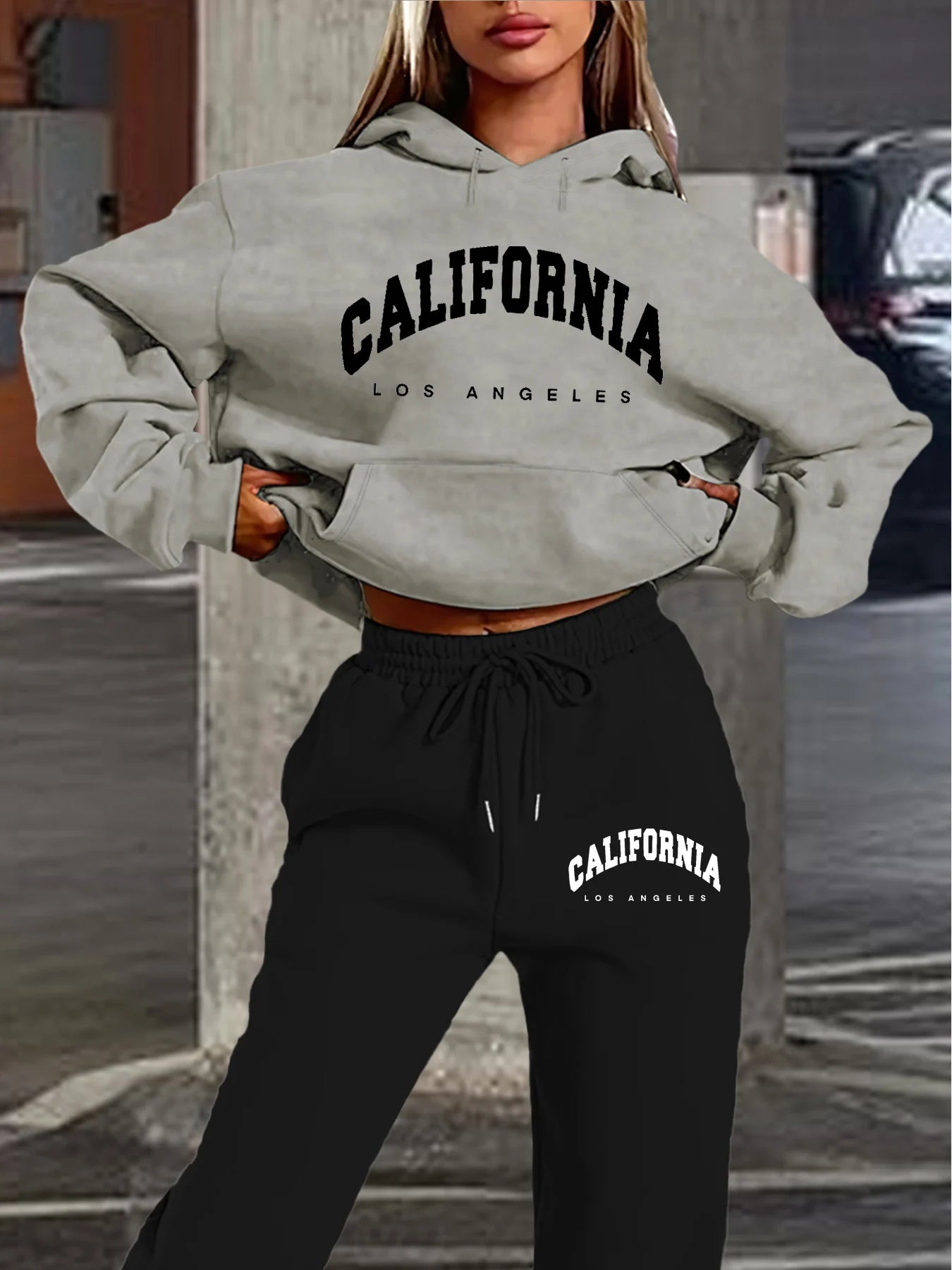 Women's Casual California Los Angeles Letter Print Hoodie and Drawstring Jogger Set