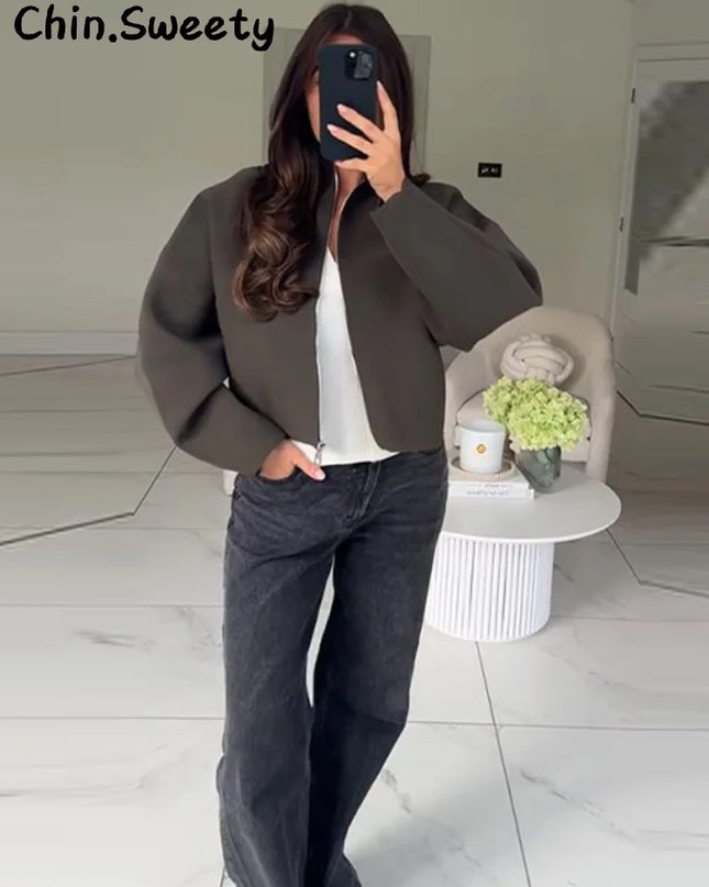 Chin Sweety Women's Knitted Cropped Jacket with Stand Collar - Loose Fit