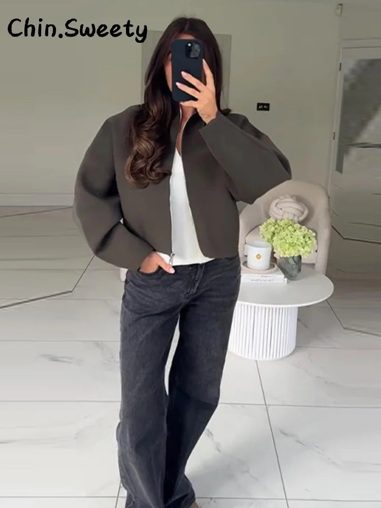 Chin Sweety Women's Knitted Cropped Jacket with Stand Collar - Loose Fit