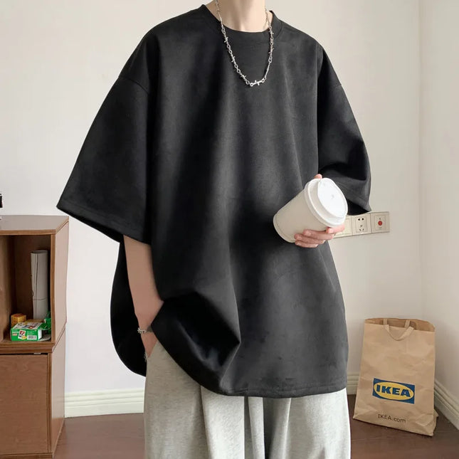 Men's Short Sleeve T-Shirt with Round Neck and Loose Fit in Suede Material