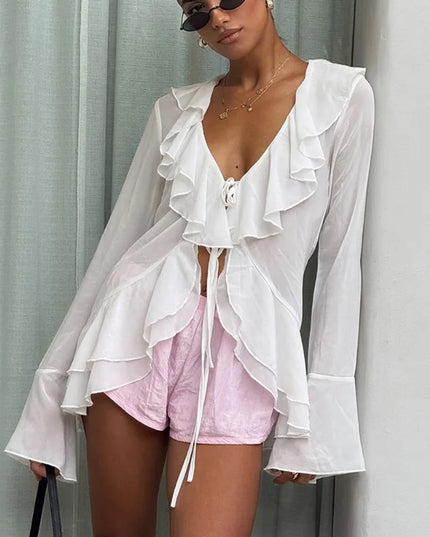 Women's V-Neck Lace-Up Ruffle Long Sleeve Blouse Loose Fit