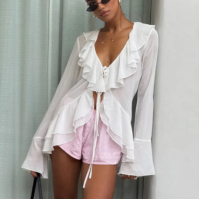 Women's V-Neck Lace-Up Ruffle Long Sleeve Blouse Loose Fit