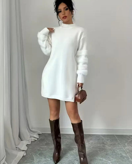 Women's Casual Loose-Fit Knit Patchwork Dress with Stand Collar