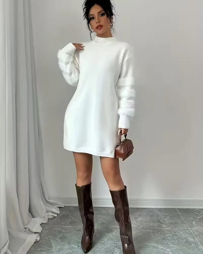 Women's Casual Loose-Fit Knit Patchwork Dress with Stand Collar