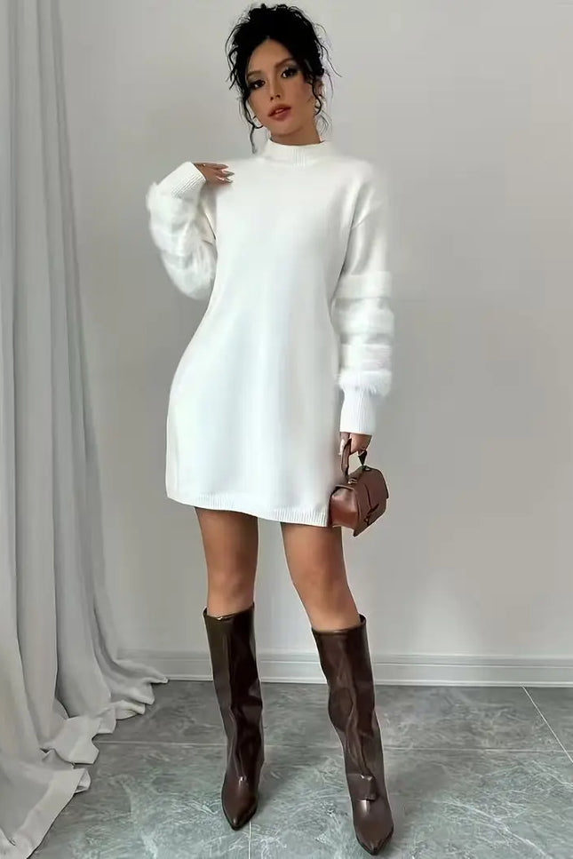 Women's Casual Loose-Fit Knit Patchwork Dress with Stand Collar