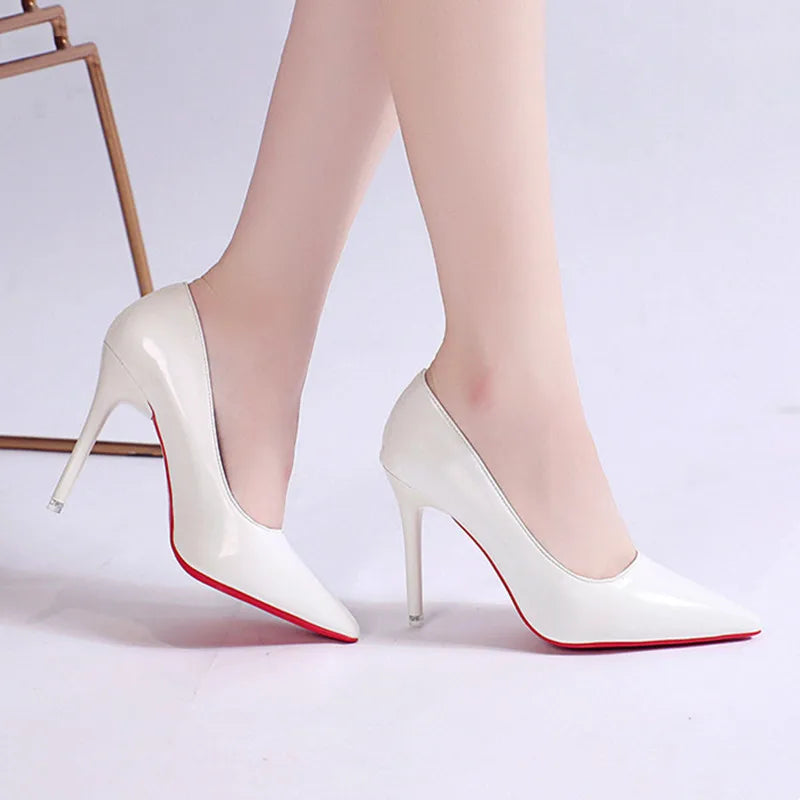 Women's Faux Leather Pointed Toe High Heels with Red Rubber Sole
