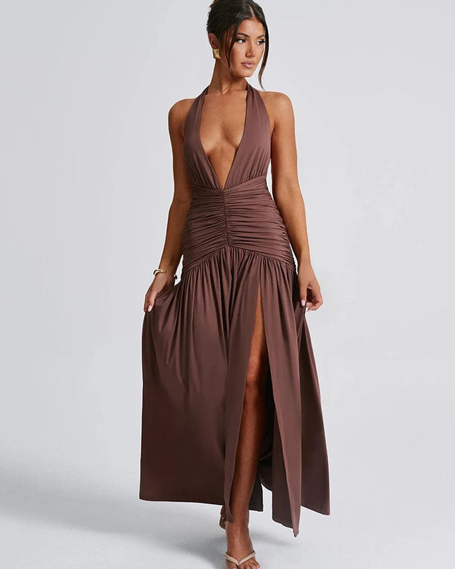 Mozision Women's Backless Deep V-Neck Dress with Thigh Split