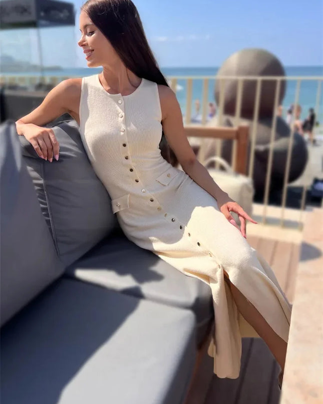 Women's Knit Ribbed Maxi Dress with High Waist, Slim Fit, and Pockets