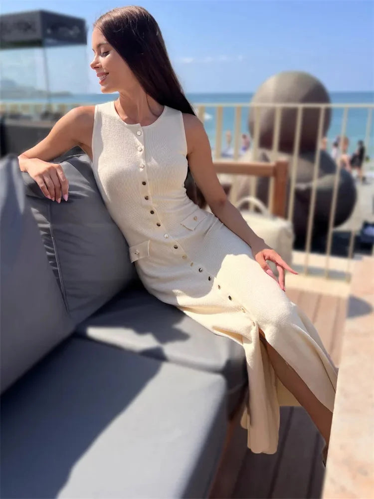 Women's Knit Ribbed Maxi Dress with High Waist, Slim Fit, and Pockets
