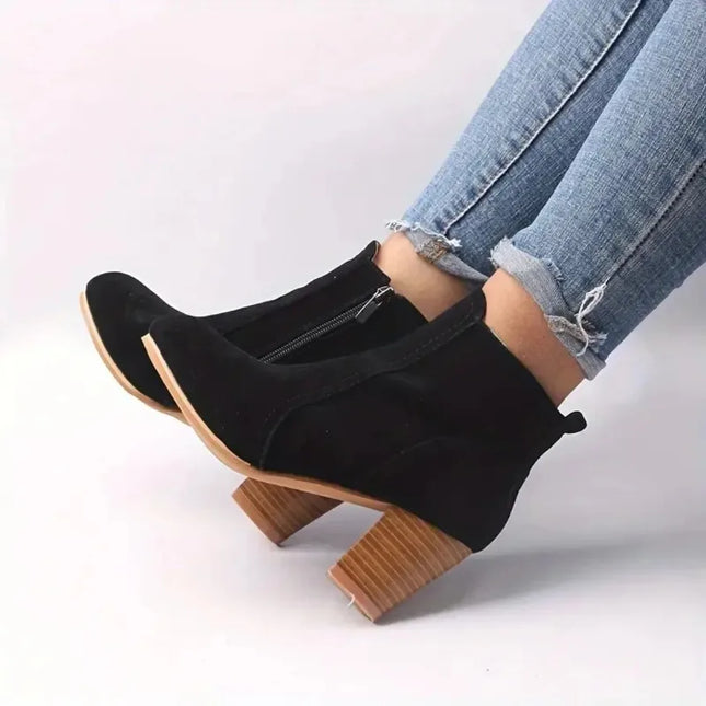Women's Chunky Heel Ankle Boots with Zip Closure