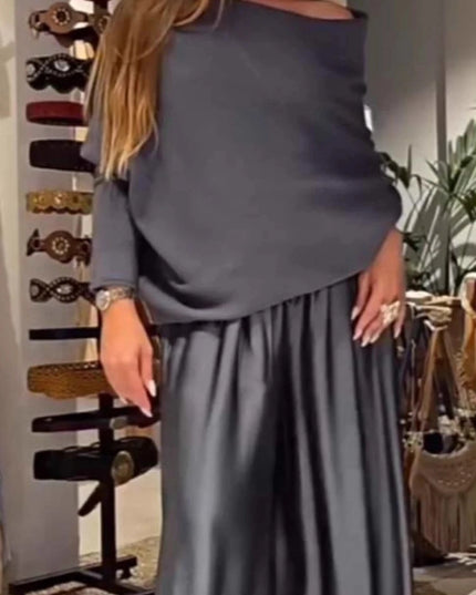 Women's Elegant Two-Piece Set - Slash Collar Off-Shoulder Top & Satin Wide-Leg Pants