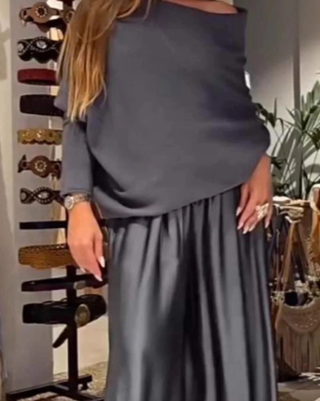 Women's Elegant Two-Piece Set - Slash Collar Off-Shoulder Top & Satin Wide-Leg Pants