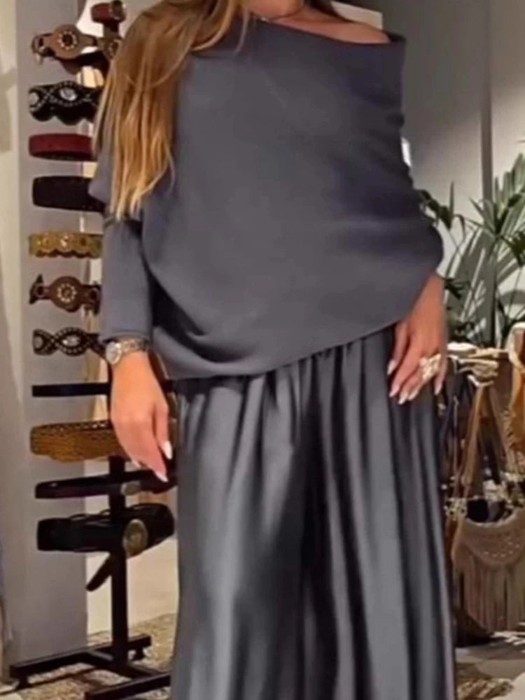 Women's Elegant Two-Piece Set - Slash Collar Off-Shoulder Top & Satin Wide-Leg Pants
