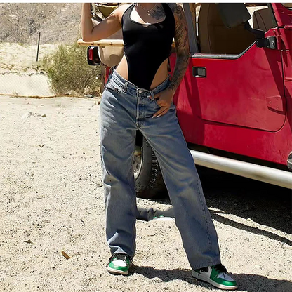 Vintage Women's Wide Leg Baggy Jeans - Low Rise Loose Fit Denim Pants