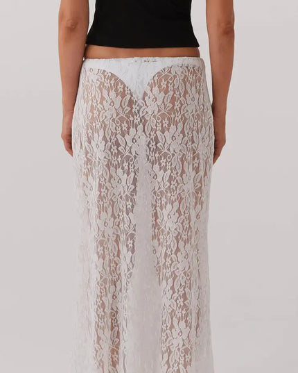 Elegant White Floral Lace Skirt for Women – Sheer See-Through, Low-Waist Design