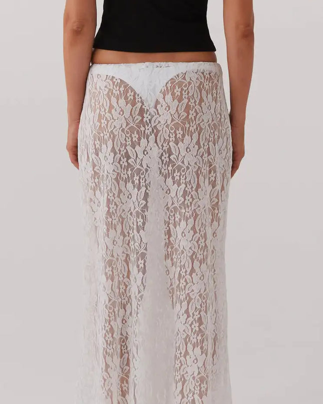 Elegant White Floral Lace Skirt for Women – Sheer See-Through, Low-Waist Design