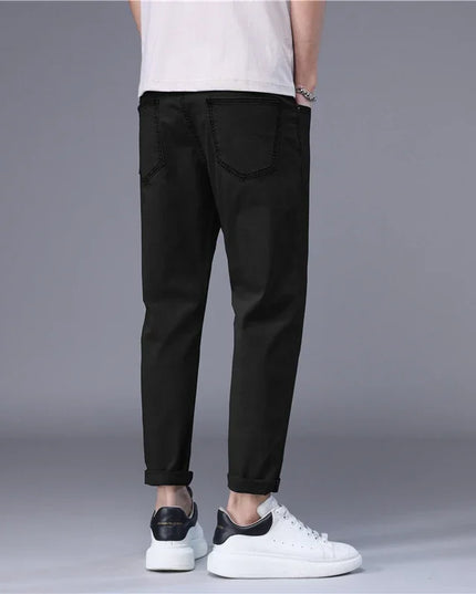Stylish Slim Fit Men's Korean Style Thin Jeans - Straight Foot Denim Cropped Pants for Men