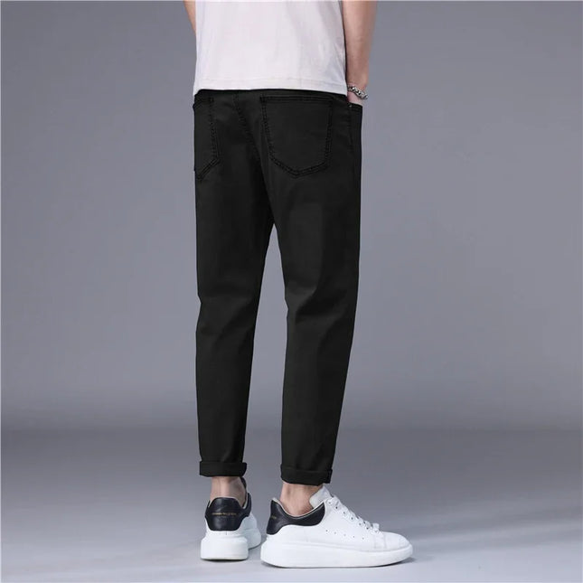 Stylish Slim Fit Men's Korean Style Thin Jeans - Straight Foot Denim Cropped Pants for Men