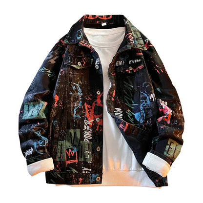 Men's Letter Graffiti Denim Style Jacket – Stylish Streetwear Outerwear for Men