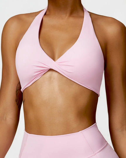 Women's Nylon Halter Sports Bra with Front Twist, Padded and Supportive Bralette for Activewear