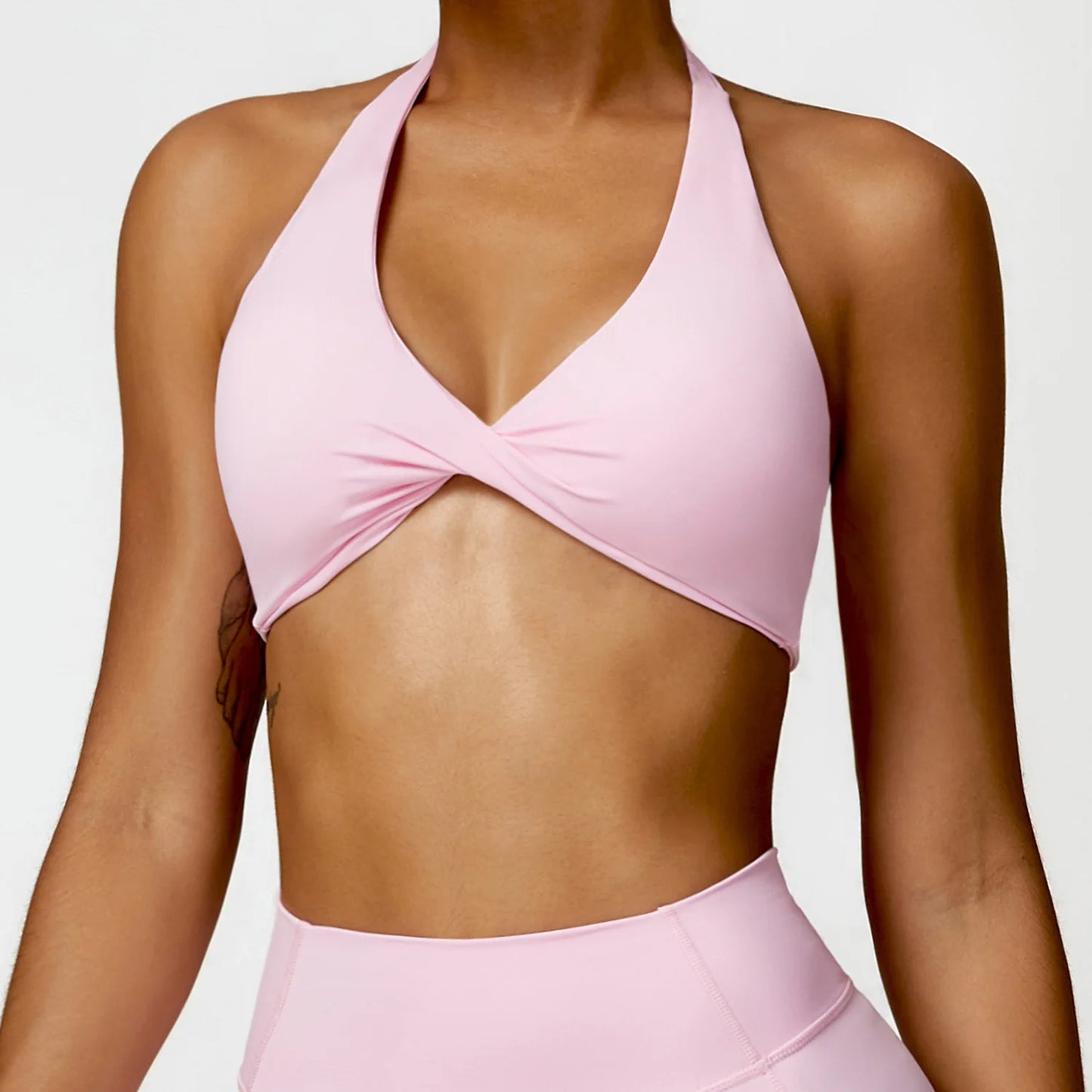Women's Nylon Halter Sports Bra with Front Twist, Padded and Supportive Bralette for Activewear