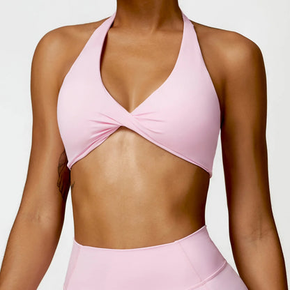 Women's Nylon Halter Sports Bra with Front Twist, Padded and Supportive Bralette for Activewear