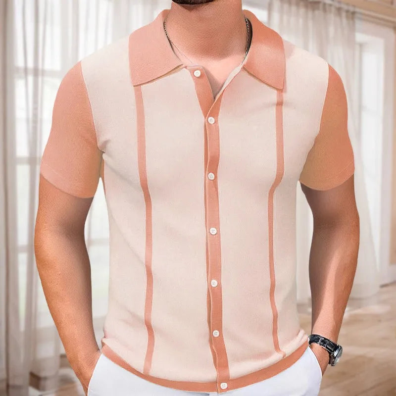 Men's Breathable Striped Knit Patchwork Polo Shirt - Short Sleeve Button-Up