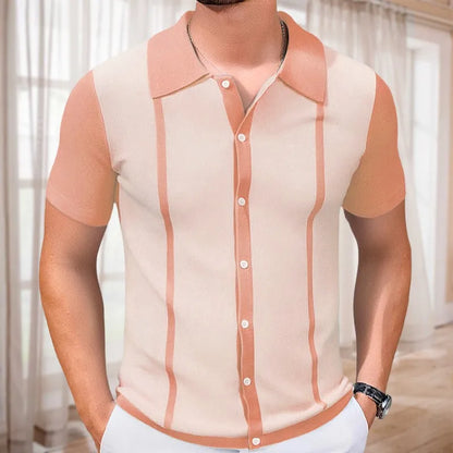 Men's Breathable Striped Knit Patchwork Polo Shirt - Short Sleeve Button-Up