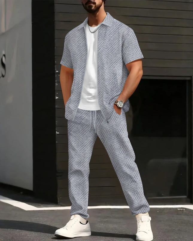 Men's Geometric Jacquard 2-Piece Short Sleeve Shirt and Pants Set with Turn-Down Collar and Zip Closure