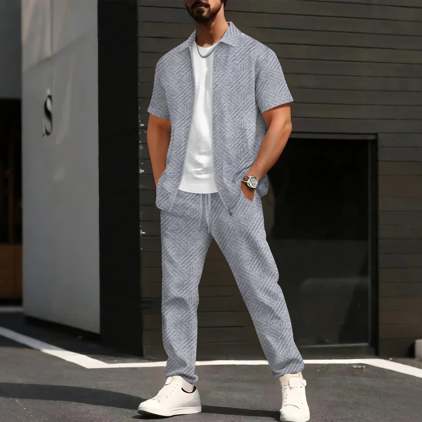 Men's Geometric Jacquard 2-Piece Short Sleeve Shirt and Pants Set with Turn-Down Collar and Zip Closure