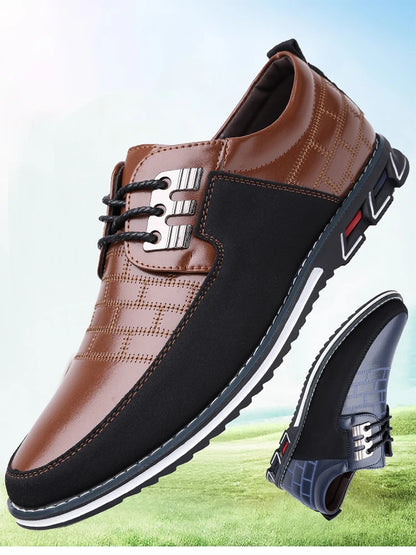 Men's Grid Pattern Leather Shoes – Breathable, Soft Leather Upper with Durable Rubber Sole