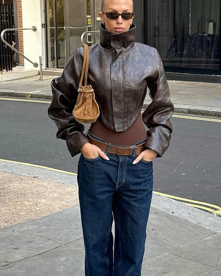Women's Cropped Turtleneck PU Jacket with Zipper and Button Details
