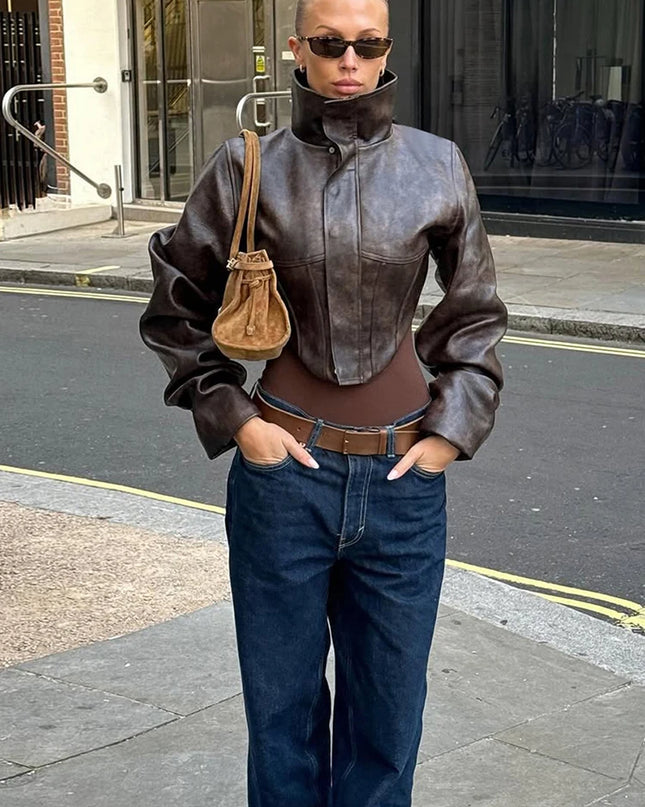 Women's Cropped Turtleneck PU Jacket with Zipper and Button Details